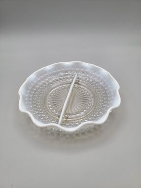 Vintage Fenton White Opalescent Hobnail Glass Divided Candy Dish Ruffled Edge